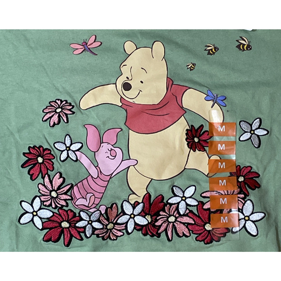 Disney Winnie The Pooh & Piglet Womens Medium Green T-Shirt Embroidered Flowers - Picture 2 of 12